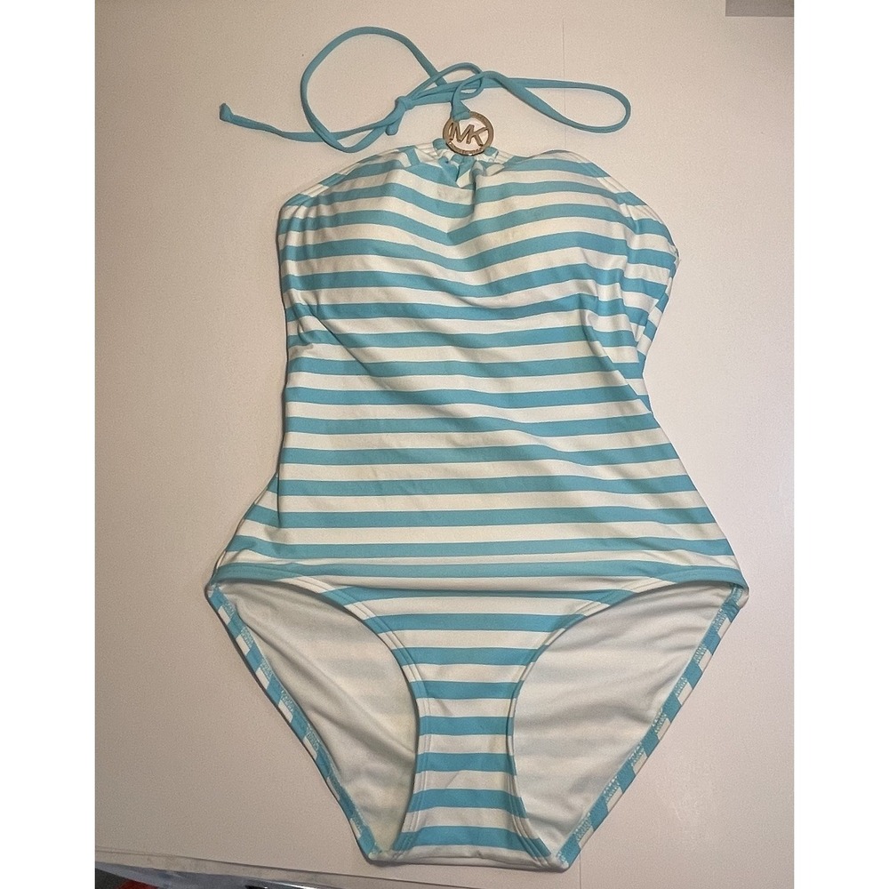 Michael Kors‎ One Piece Halter Swimsuit Striped Sz 8 Gold Logo Slimming Padded